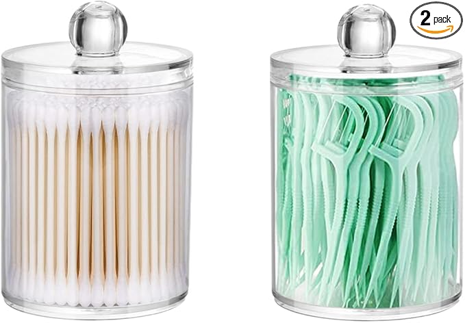 2 Pack Qtip Holder Storage Canister for Cotton Ball, Cotton Swab, Pads, Floss; 10-Ounce Clear Plastic Apothecary Jar with Lid, Bathroom Makeup Organizer (2)