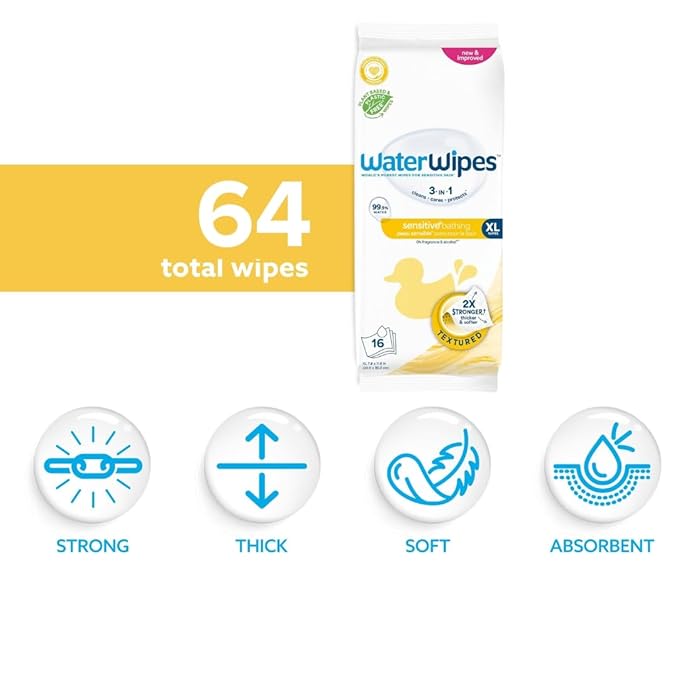 WaterWipes Sensitive+ Bathing Wipes, 3-In-1 Cleans, Cares, Protects, 99.9% Water, Unscented & Hypoallergenic, 16 Count (Pack of 4)