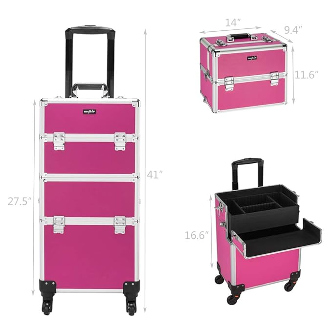 mefeir 3 in 1 Rolling Makeup Train Case, Aluminum Makeup Travel Organizer Cosmetic Case, Cosmetology Display Suitcase on Wheels, Beauty Storage Luggage Lockable w/4 Removable Wheels (Rose-Pink)