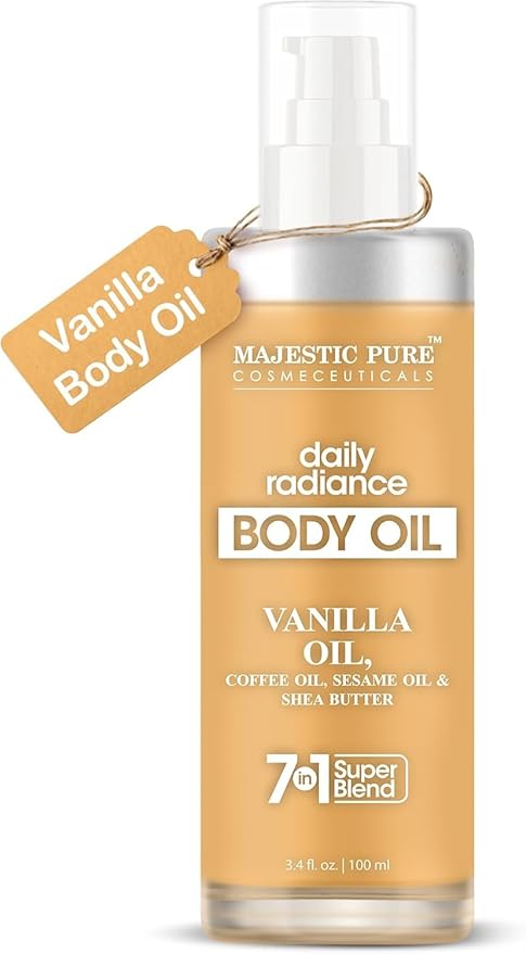 Majestic Pure Vanilla Body Oil - 100% Pure & Natural with Shea Butter, Coffee, Sesame Oils- After Shower Body Oils for Women and Men - Scented, Radiant, Firming Massage Oil - 3.4 Fl Oz