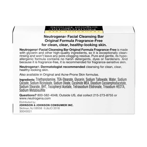 Neutrogena Original Fragrance-Free Facial Cleansing Bar with Glycerin, Pure & Transparent Gentle Face Wash Bar Soap, Free of Harsh Detergents, Dyes & Hardeners, 3.5 oz (Pack of 3)