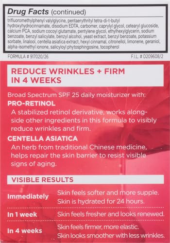 L'Oréal Paris Revitalift Anti-Wrinkle and Firming Face Moisturizer with SPF 25, Pro-Retinol and Centella Asiatica, Paraben Free, 1.7 oz (Packaging may vary),(Pack of 2)