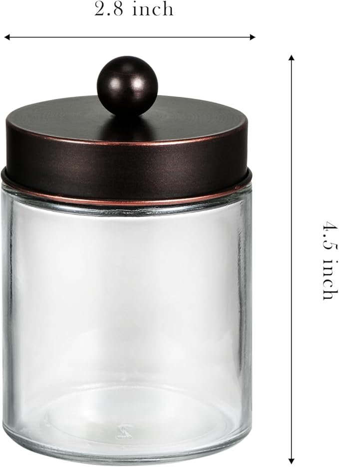 SheeChung 2-Pack Qtip Holder Dispenser-Glass Apothecary Jars with Rust-Proof Stainless Steel Lids-Vintage Rustic Farmhouse Bathroom Vanity Organizer for Cotton Swabs, Balls, Pads(Oil Rubbed Bronze）