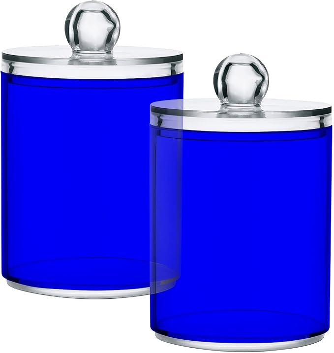 Blue Qtip Holder Organizer Dispenser Cotton Swabs Cans Plastic Jars with Lid Set 4 Pack Bathroom Storage Canister for Cotton Ball Floss Cotton Pads