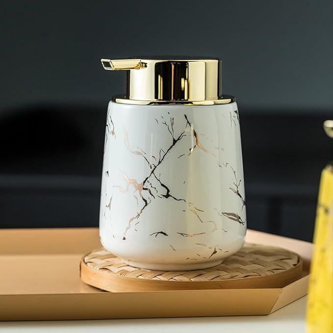 Marble Foam Soap Dispenser for Bathroom, Chic Ceramic Bottle, Gold Soap Dispenser Pump (White)