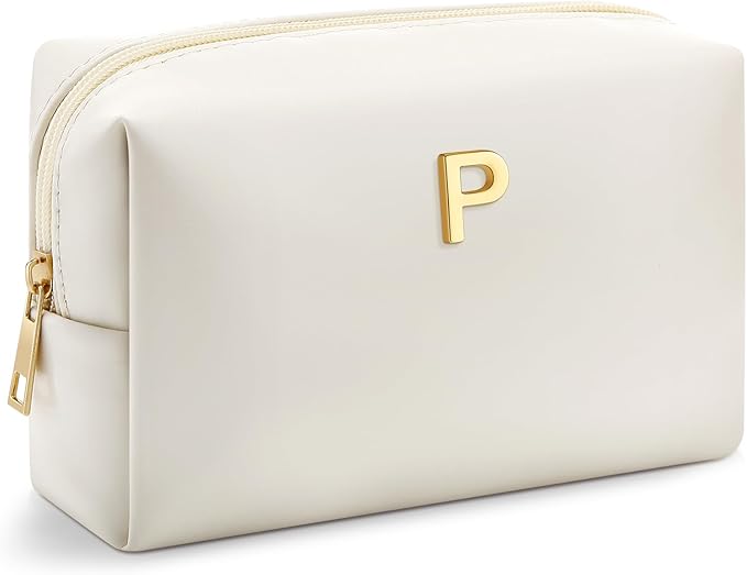 Kigeli Initial Makeup Bag for Women Beige Leather Easter Basket Gifts Monogram Cosmetic Bag Small Travel Toiletry Pouch Wedding Birthday Graduation Bridesmaid Gifts for Teen Girls Women Teachers(P)