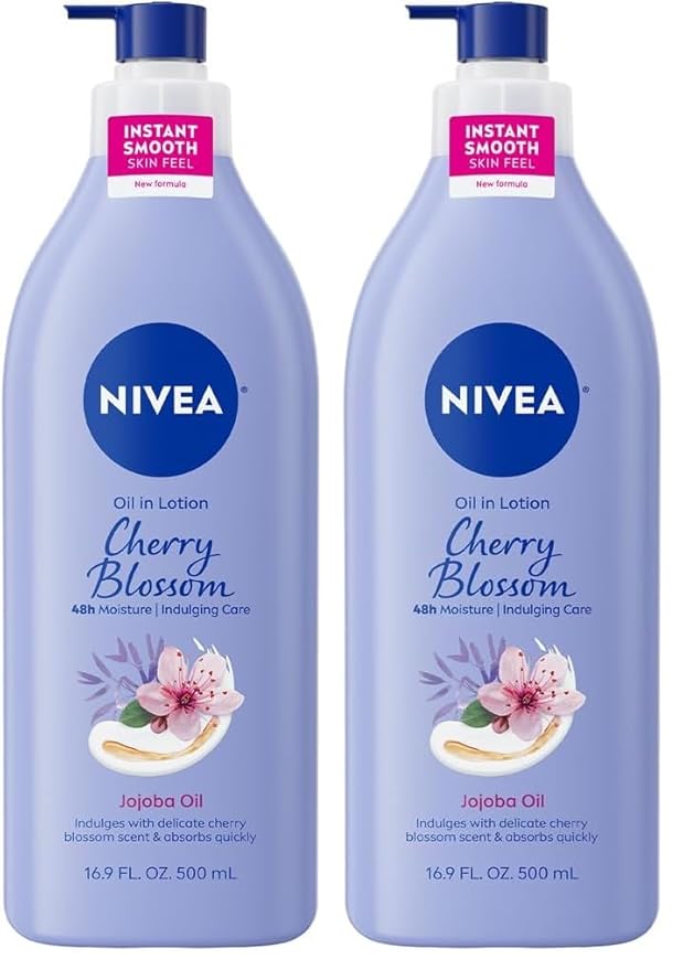 NIVEA Oil Infused Cherry Blossom and Jojoba Oil Body Lotion for Women, Fast-Absorbing and Non-Greasy Cherry Blossom Scented Lotion Moisturizes for 48 Hours, 16.9 Fl Oz Pump Bottle (Pack of 2)