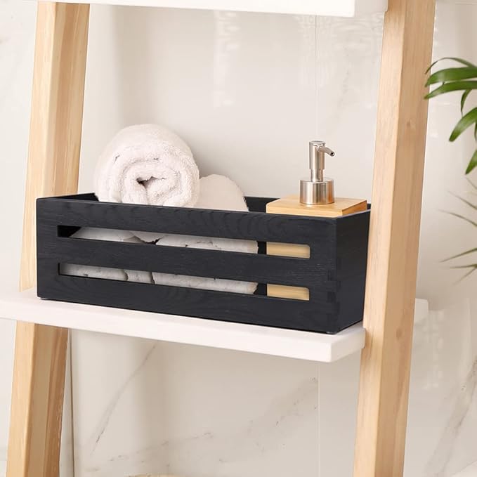 LotFancy Bathroom Decor Box, 2 Pack Wooden Toilet Paper Holder, Black Toilet Tank Basket, Back of Toilet Storage Basket, Farmhouse Toilet Tank Topper