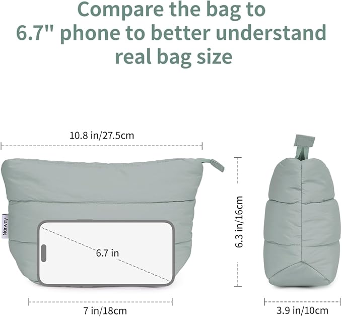 Narwey Travel Makeup Bag for Women Girl, Puffer Makeup Up Organizer Bag Cosmetic Bag, Puffy Cute Makeup Pouch Purse, Travel Toiletry Bag (Sage Green)