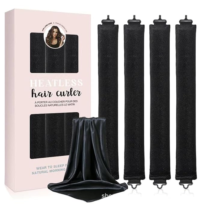 Heatless Hair Curls Overnight Curler - 4 Pcs Curling Rod to Sleep In, Velvet Hair Rollers with Satin Hair Scarf (Black)