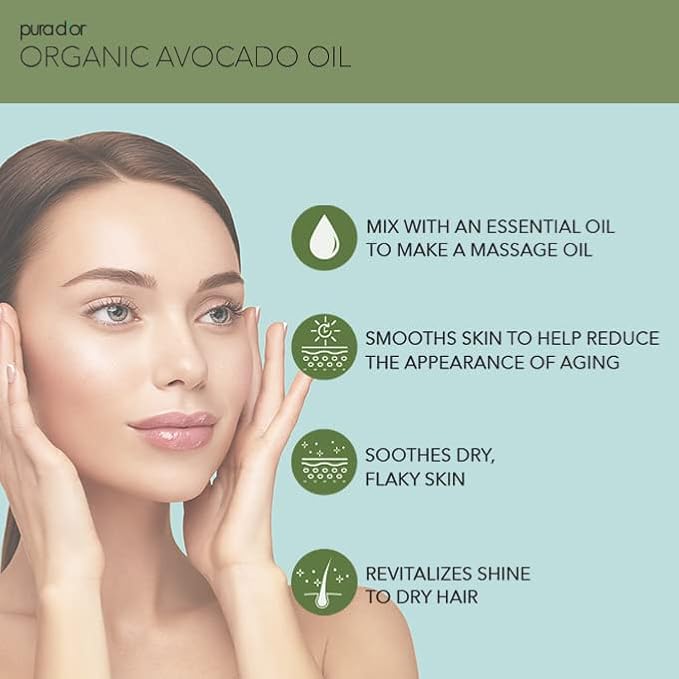 PURA D'OR 16 Oz ORGANIC Avocado Oil-100% Pure&Natural USDA Certified Cold Pressed Carrier Oil For DIY Beauty,Non-Greasy,Unscented,Hexane Free Liquid Moisturizer-Face Skin&Hair-Men-&Women,(Pack of 2)