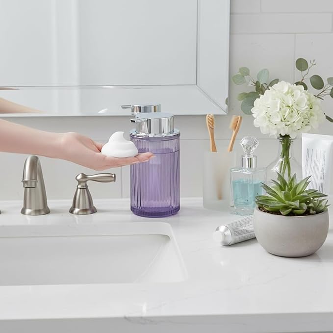 Foaming Soap Dispenser, 12 Oz Purple Glass Foam Hand Soap Dispenser, Refillable Glass Foam Pump Bottle Container Decorative Slim Ribbed Bottle for Bathroom and Kitchen