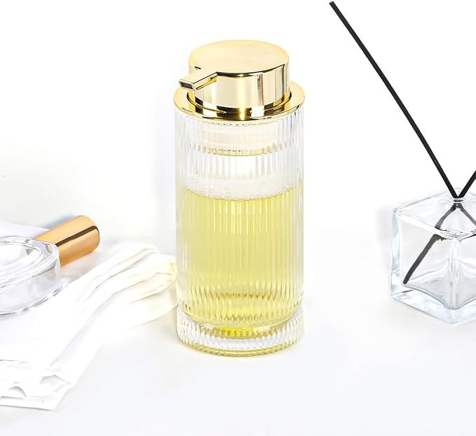 14 Oz Foaming Soap Dispenser, Clear Glass Soap Dispenser, Refillable Foam Pump Bottle Lotion Container with Gold Pump, Decorative Slim Ribbed Bottle for Bathroom and Kitchen Decor