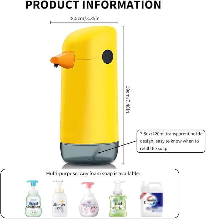 Cute Kids Soap Dispenser - Automatic Hand Foam Soap Dispenser, Touchless Foaming Shower Gel Facial Cleanser Dispenser 7.5oz/ 220ml for Bathroom Countertop, Kitchen, Office, Hotel, Preschool