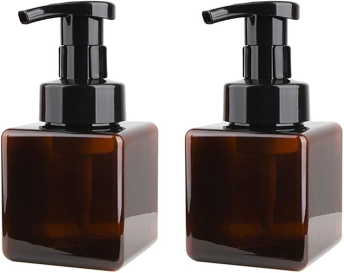 UUJOLY Foaming Soap Dispenser, 250ml (9oz) Refillable Pump Bottle for Liquid Soap, Shampoo, Body Wash (2 Pcs) (Small Amber)