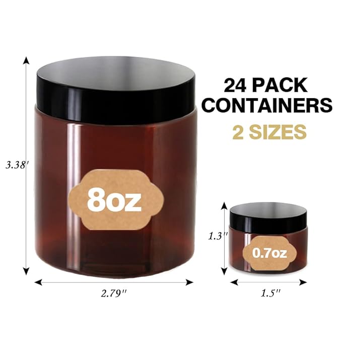 8oz Amber Plastic Jars with Lids 8 oz Plastic Containers with Lids + 20g Sample Containers (Set of 24) Airtight Container for Lip Scrub, Body Butters, Cream, Slime, Craft Storage