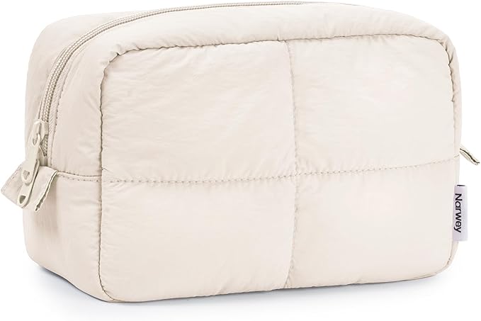 Narwey Puffy Makeup Bag for Travel Women Girl, Quilted Makeup Bag Cosmetic Bag, Cute Puffer Make up Organizer Bags, Travel Toiletry Bag Toiletries (Beige)