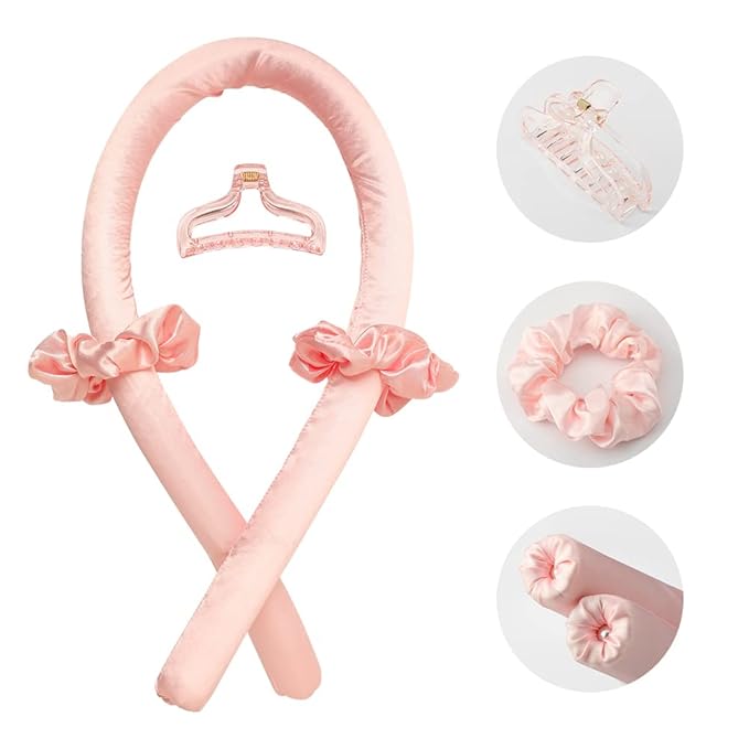 Heatless Curling Rod Headband No Heat Silk Ribbon Curling Rod Hair Roller Curls with Hair Claw Clip Lazy Natural Soft Wave DIY Hair Rollers Styling Tool for Sleep in Overnight (Pink)