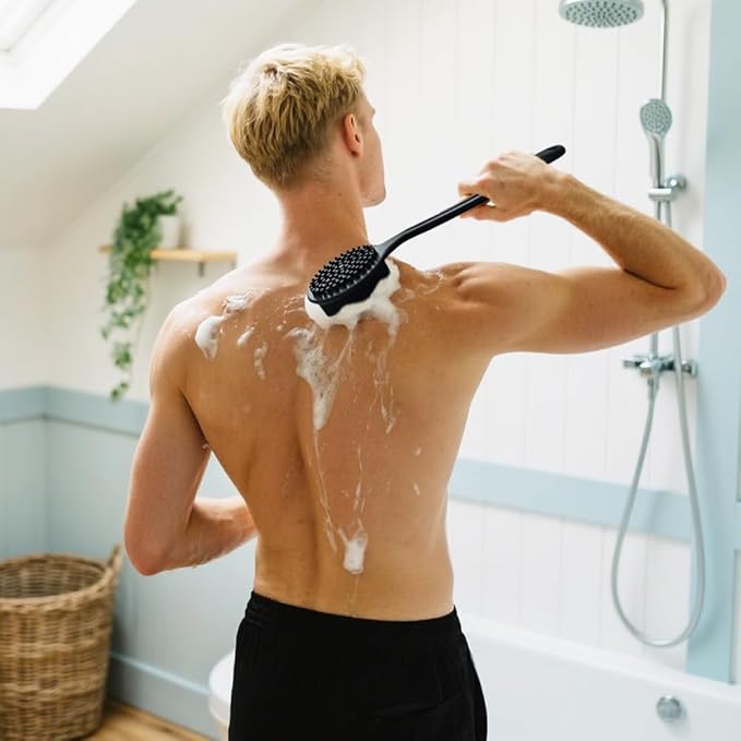 Silicone Back Scrubber for Shower Body Brush with Long Handle Double Sided Bath Exfoliating Massage Brushes Men Women (Black)