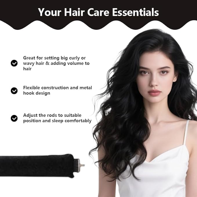 Heatless Curls Overnight Set of 3 with 1 Scarf - Heatless Hair Curler, Overnight Blowout Rods for Blowout Look Long Hair (Black)