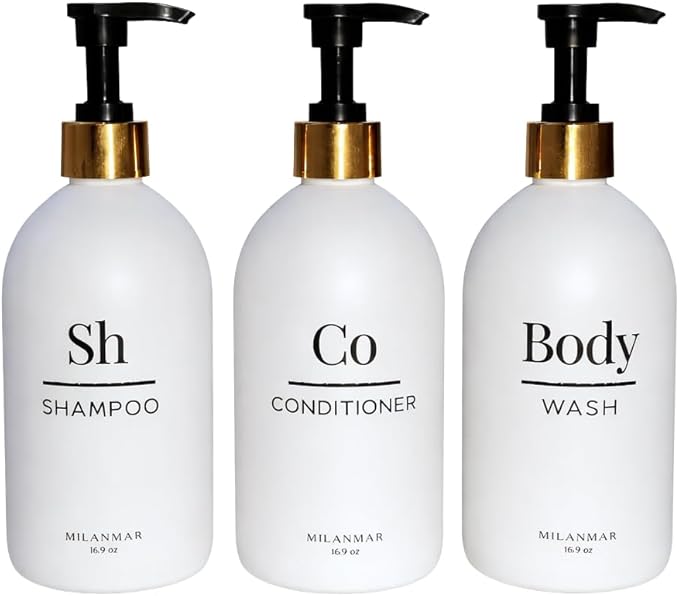 Shampoo & Conditioner Shower Dispenser Set, Pearl White - Empty Matte Plastic Bottles, 16.9 oz Pump Containers, Luxury Bathroom Decor, 3 Pack for Spa, Airbnb [White-Gold]