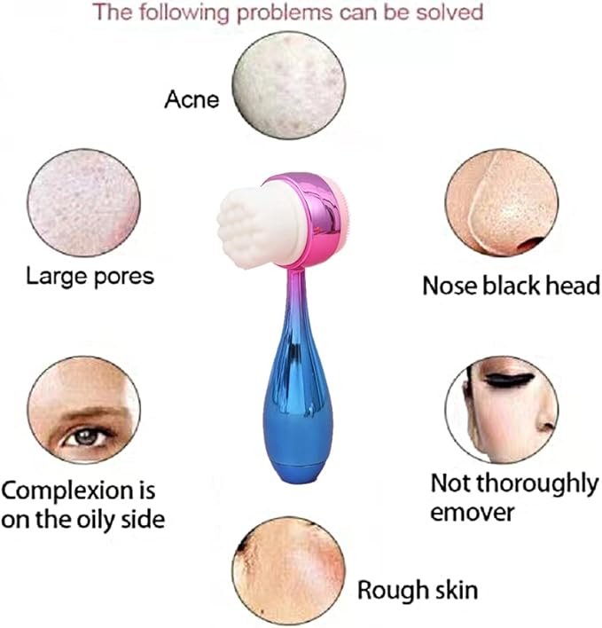 Manual Facial Cleansing Brush 2 in 1Double-Sided Facial Cleaning Brush with Soft Bristles (Electroplated Pink-Blue)