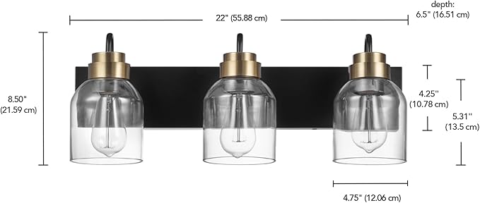 Globe Electric 63000200 22" 3-Light Vanity Light, Matte Black, Matte Brass Accents, Glass Shades, Beauty Room Accessories, Lights for Bathroom, Powder Room Lighting, Bathroom Lights Over Mirror