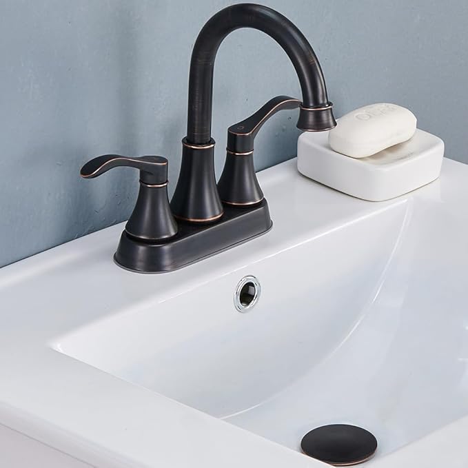 Lead-Free Antique 2 Handle Oil Rubbed Bronze Bathroom Sink Faucet, 360° Swivel High-Arc Spout 4-Inch Centerset Lavatory Vanity Faucets Set with Drain & Water Hoses, VABM10003H