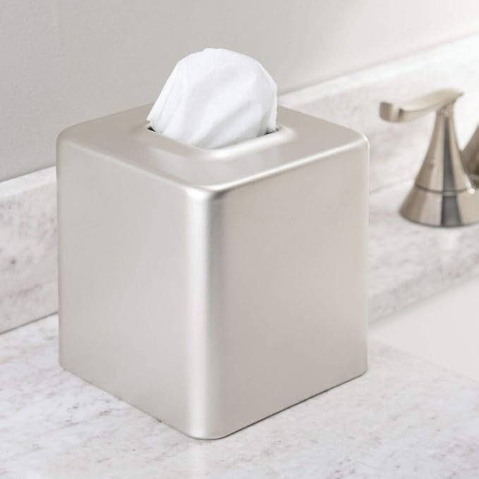 mDesign Steel Square Tissue Box Cover, Modern Facial Tissue Holder for Bathroom Vanity Countertops, Bedroom Dressers, Night Stands, Desks, Office and Tables - Unity Collection - Satin