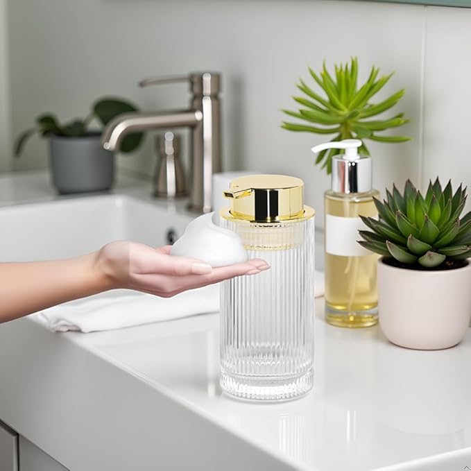 14 Oz Foaming Soap Dispenser, Clear Glass Soap Dispenser, Refillable Foam Pump Bottle Lotion Container with Gold Pump, Decorative Slim Ribbed Bottle for Bathroom and Kitchen Decor