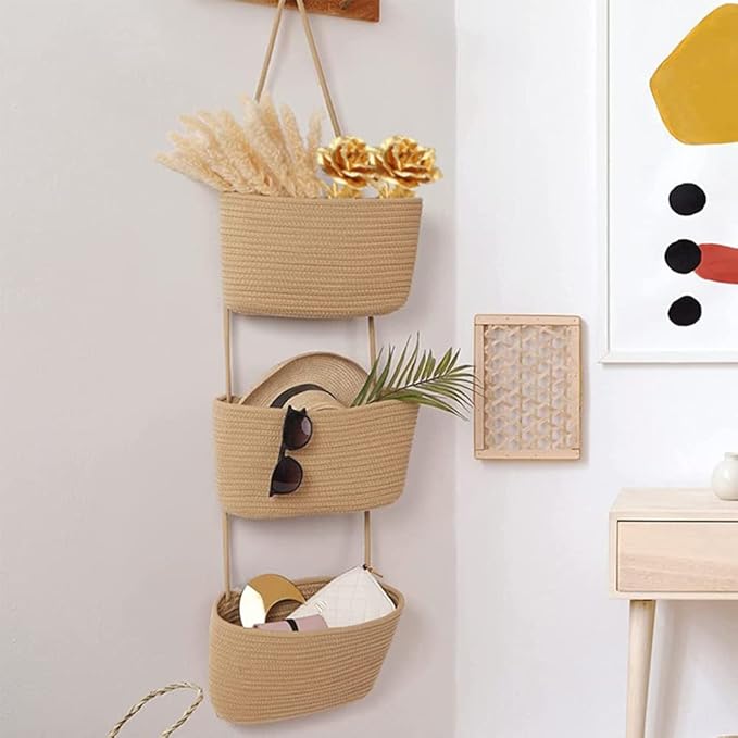 TeoKJ Over the Door Hanging Basket, 3-Tier Woven Cotton Wall-Mounted Storage Organizer Bag Decorative Hanging Nursery Baskets - Jute