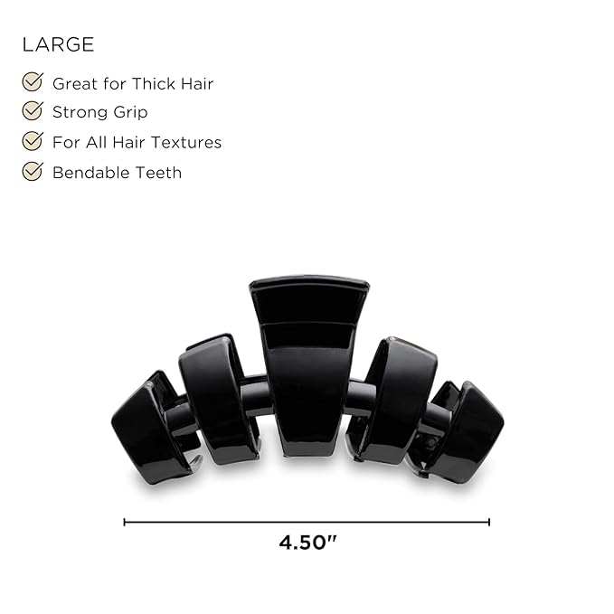 TELETIES - Large Hair Clip - Strong Grip, Bendable Teeth, Comfortable Curved Design - Ideal for Thick Hair - For All Hair Textures - Jet Black