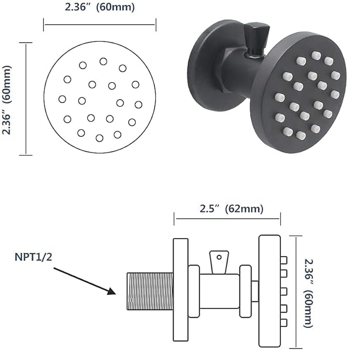 Brass Shower Body Jets with Adjustable Flow, Massage Spa Matte Black Round Body Spray Shower Side Wall Sprayer Head Jets, 4 pcs
