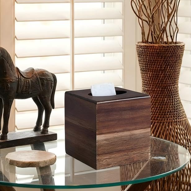 Wood Tissue Box Cover， Acacia Wood Tissue Box Cover Square, Decorative Cube Facial Wooden Tissue Box Holder with Slide-Out Bottom for Bathroom, Bedroom, Dinner Table, Office, Kitchen