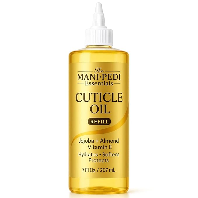 Professional Cuticle Oil Refill/Bulk Pack with precision nozzle for easy refilling - 7 Fl Oz. Enriched with Jojoba Oil, Vitamin E & Sweet Almond Oil. Nail Tech Supplies for Nourished Nails & Cuticles