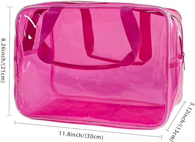 PVC Clear Pure Color Transparent Large Zipper Cosmetic Pouch Travel Makeup Cosmetic Bag with Handle for Travel Bathroom Toiletry Organizer (Hot Pink)
