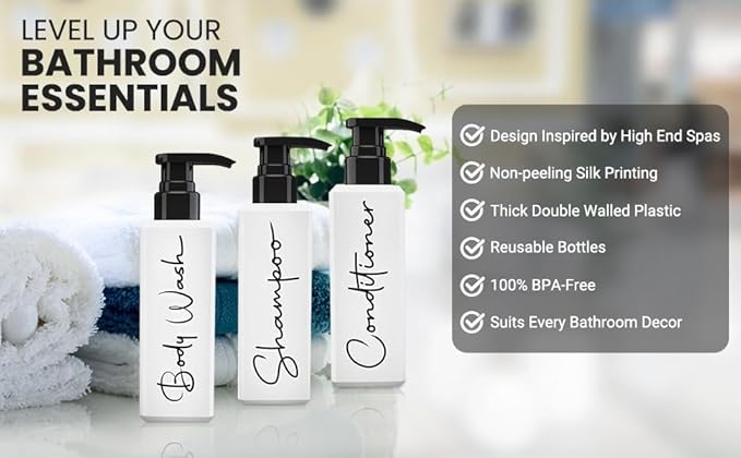 Spa-Inspired Refillable Shampoo and Conditioner Bottles - Dispenser Set of 3 with Pump - Bottles for Shower Wall – Printed Shampoo, Conditioner & Body Wash