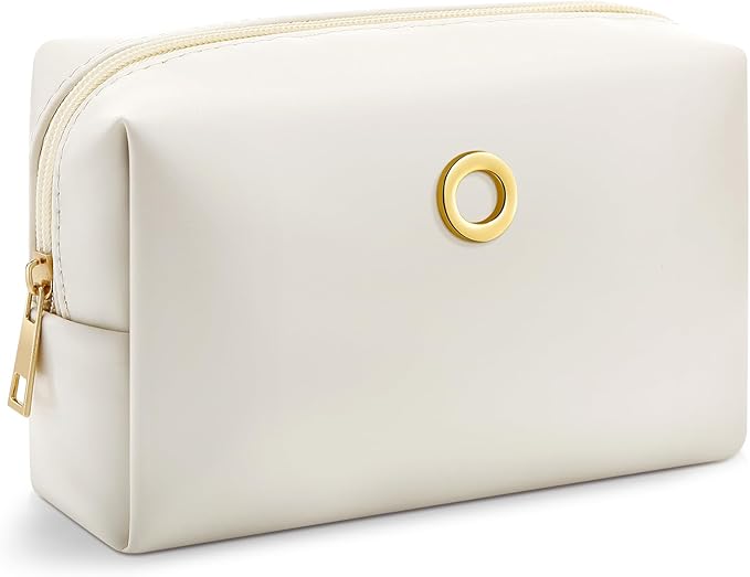 Kigeli Initial Makeup Bag for Women Beige Leather Easter Basket Gifts Monogram Cosmetic Bag Small Travel Toiletry Pouch Wedding Birthday Graduation Bridesmaid Gifts for Teen Girls Women Teachers(O)