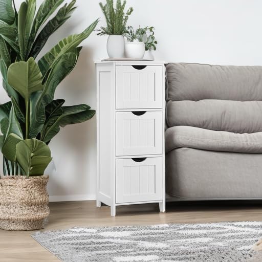 VASAGLE Floor Storage Cabinet, Freestanding Storage Unit with 3 Drawers, 11.8 x 12.6 x 31.9 Inches, for Bathroom, Living Room, Kitchen, Modern Style, Matte White UBBC050WH01S