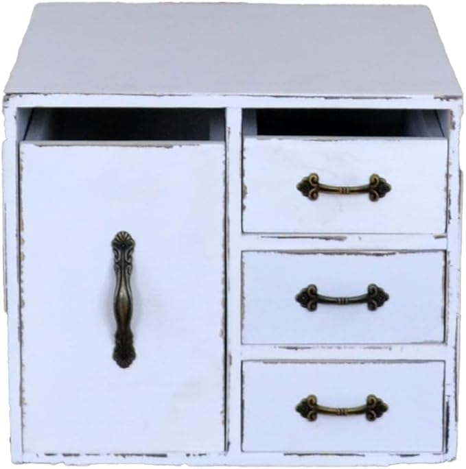 Rustic Distressed Beauty Organizer 4 Drawers - Wooden Cosmetic Storage Box for Neat & Home Office Desk &Organize &Storing of Makeup holder Tools,Bathroom Counter-top (Rustic White, L)