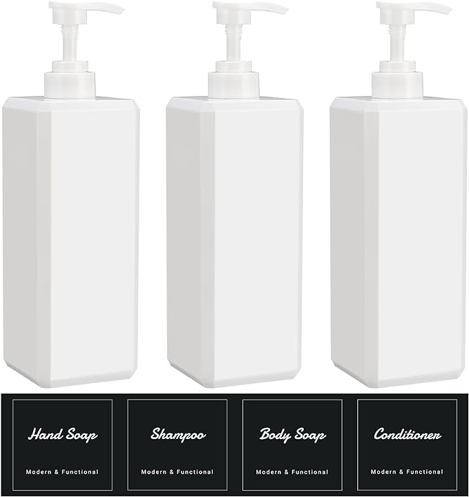 Suream 33.8 oz Refillable Pump Dispenser Bottle, 3Packs Large Shower Bottle Organizer with 4PCS Lables for Shampoo, Body Soap, Hand Soap, Conditioner, for Bathroom, Kitchen, Hotel, Salon, SPA