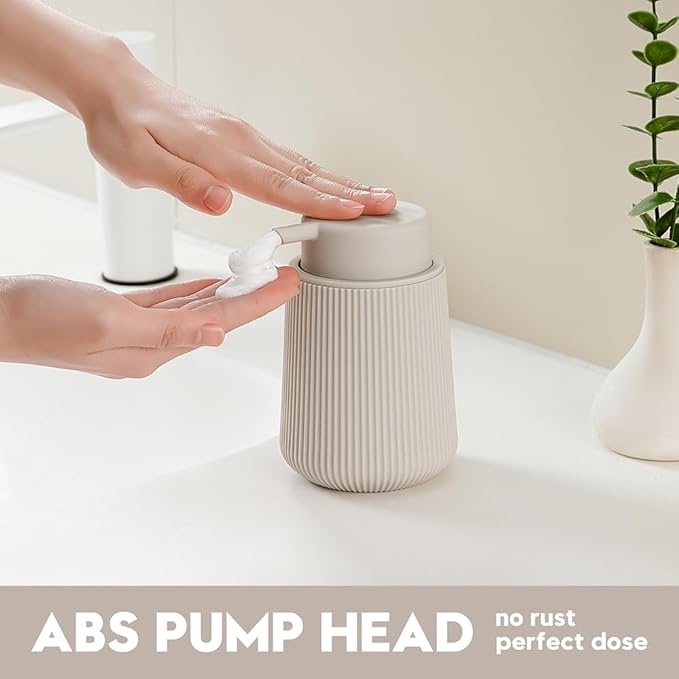 Striped Foaming Hand Soap Dispenser with Leak-Proof Pump for Bathroom and Kitchen Countertop 11oz Beige