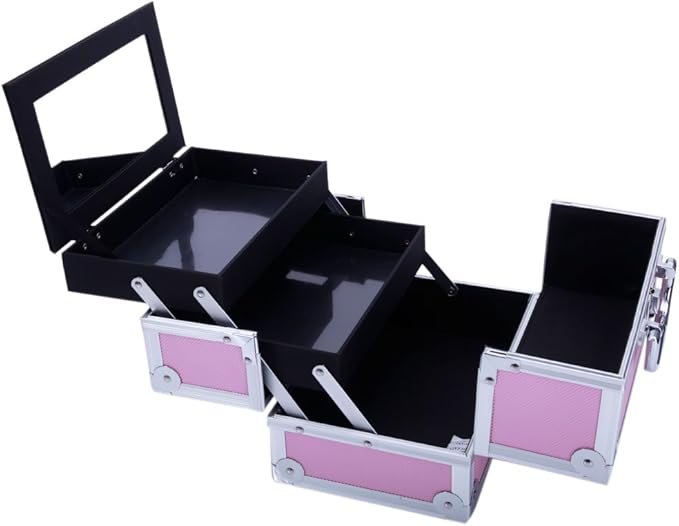 Makeup Train Case, Makeup Case Organizer with Mirror, Portable Cosmetic Box Storage with 2 Trays, Make Up Travel Case for Nail Kits Cosmetics Craft Traveling, Gifts for Women and Girls (Pink)