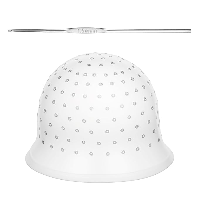 Punched Silicone Highlight Hair Cap with Needle, Professional Reusable Highlighting Poked Hole Caps with Hooks for Color Hair Salon Hairdressing Dyeing Staining Tools for Women Men