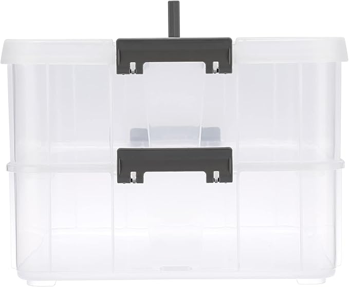 BTSKY 2 Layer Stack & Carry Box, Plastic Multipurpose Portable Storage Container Box Handled Organizer Storage Box for Organizing Stationery, Sewing, Art Craft, Jewelry and Beauty Supplies Dark Grey