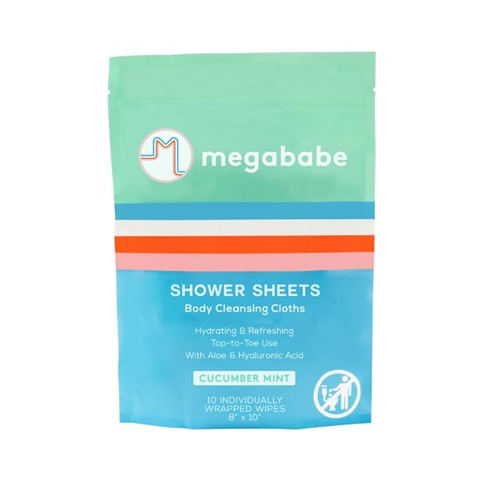 Megababe Cucumber Mint Shower Sheets | Spring Break Essential | Individually Wrapped Body Cleansing Cloths | 10 Wipes (Pack of 1)