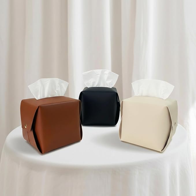 Tissue Box Cover Square, Leather Tissue Holder Organizer with Side Openings for Bathroom, Vanity, Tabletop, Office (2Pack-White)