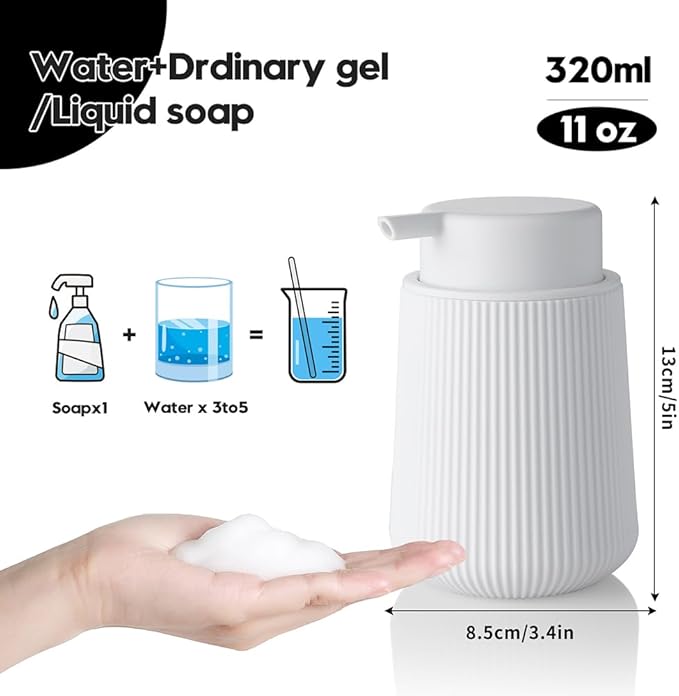 Striped Foaming Hand Soap Dispenser with Leak-Proof Pump for Bathroom and Kitchen Countertop 11oz White