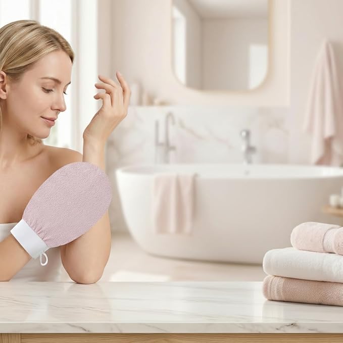 Exfoliating Gloves & Back Scrubber Strap Set - Dual-Sided Textured Mitts for Deep Body Exfoliation, Hard to Reach Back Cleaning, Spa-Quality Dead Skin Removal with Long Handle & Nylon Viscose Material