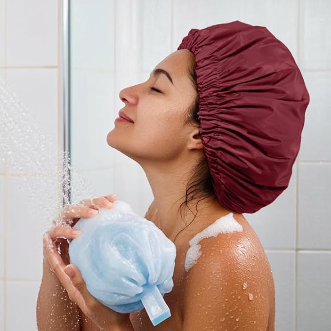 Reusable Shower Cap for Women, Large Waterproof Shower Essentials Bonnet Washable Elastic Band Bath Hair Wrap Hat for Long Hair, Braids(Burgundy)